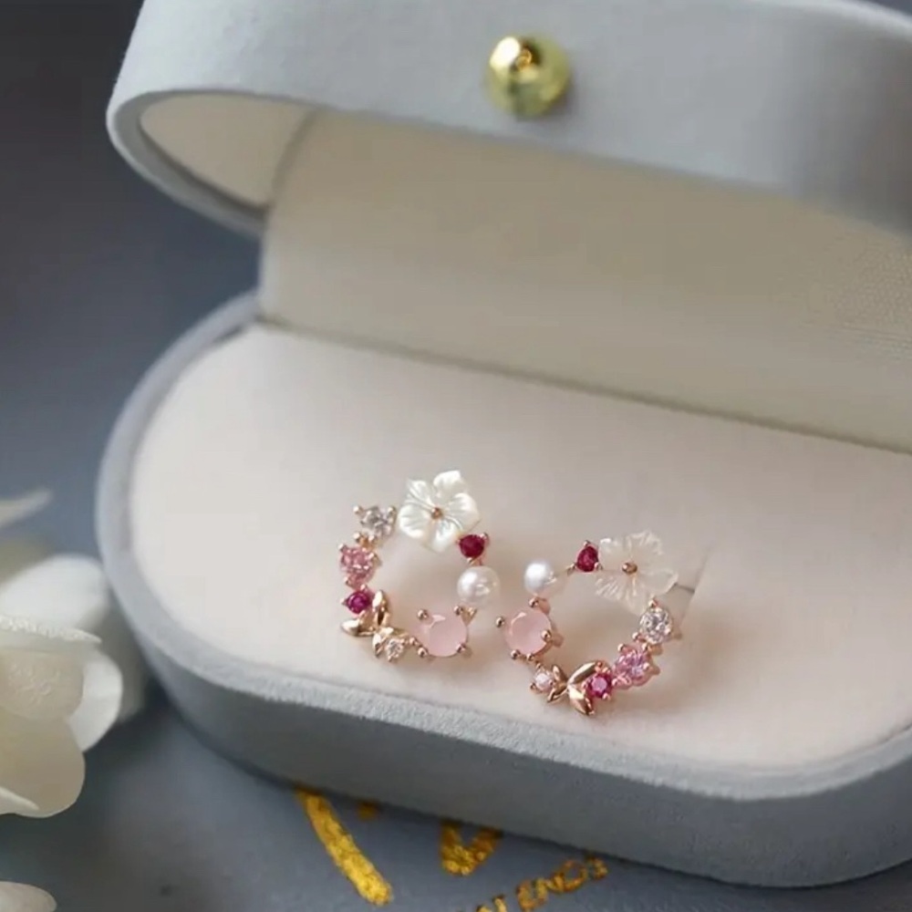 Cherry Blossom & Butterfly Stud Earrings - Picture 2 of 3